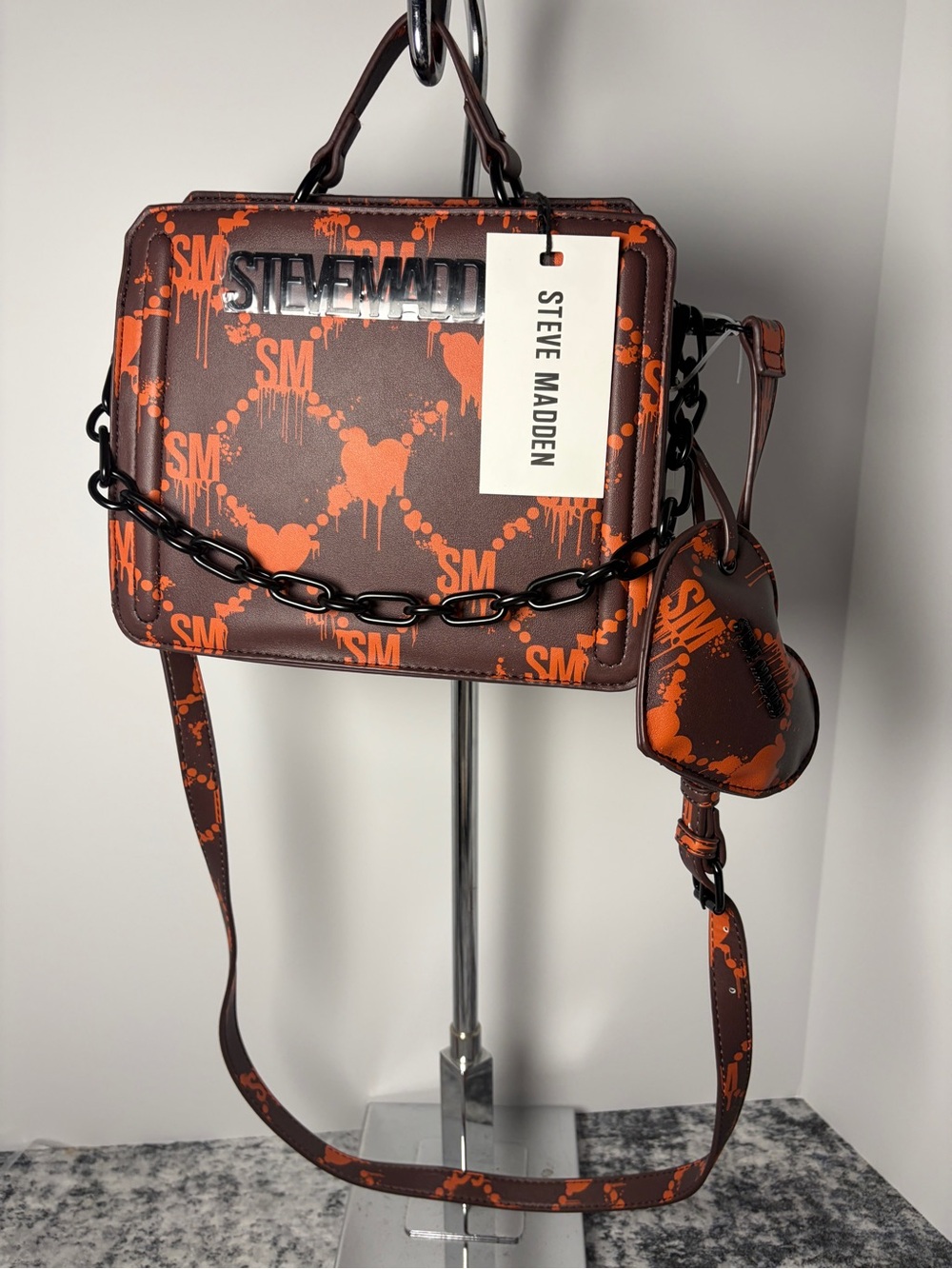 Steve Madden brown & orange graffiti heart crossbody bag